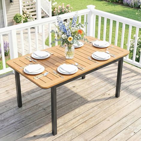 Table de jardin 6 personnes rectangulaire – Bois composite. cadre en métal et plateau à lattes. dimensions 127 x 70 cm. marron – Robustesse et style (1/5)