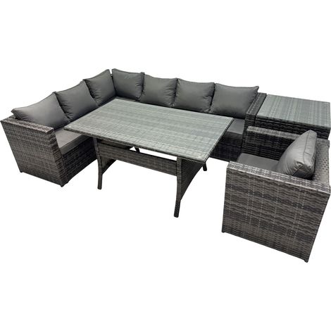 Fimous Outdoor PE Rattan Sofa Set with Dining Table Patio Garden Furniture Sets with Chair Side Table Dark Grey Mixed (1/5)
