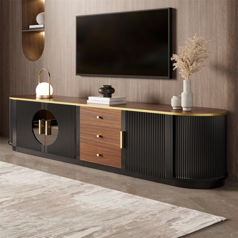 Meuble TV Design de Luxe - 180x40x46cm - Lowboard Moderne en MDF avec Verre Brun et Portes Ondulées pour Salon Chic - Noir (1/5)
