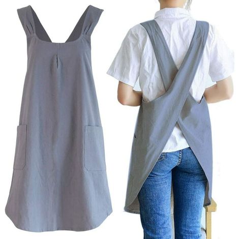 Tablier de jardinage Tabliers de cuisine en lin japonais avec dos croisé pour femmes avec poches mignons pour la cuisson, la peinture, le jardinage, le nettoyage, gris - Gris foncé pour femme (1/5)