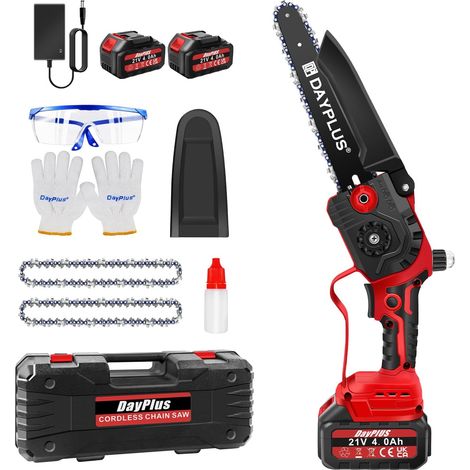 Mini Tronçonneuse Électrique Sans Fil de 8 Pouces avec 2 Batteries, 2 Chaînes et Mallette de Transport, Tronçonneuse Portable à Batterie pour Jardin, Cour, Branches d'Arbres et Coupe de Bois, Rouge (1/5)