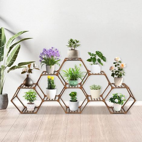 Sechseckiger Pflanzenständer für drinnen und draußen, Pflanzenständer aus Holz, DIY-Pflanzenregal, Eck-Blumentopfhalter für Fenster, Garten, Balkon, Wohnzimmer, 11 Etagen