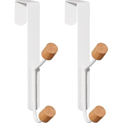 Crochets de porte, lot de 2, robustes, en métal et bois, porte-manteau pour manteaux, chapeaux, peignoirs, serviettes, porte-manteau de chambre, blanc (1/5)