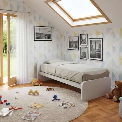 Letto singolo cameretta 80x190 con rete a doghe in acciaio e faggio - Bianco