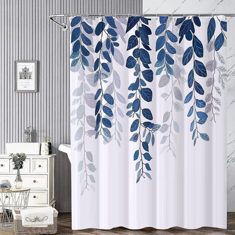 bleu Rideau De Douche Floral Avec 12 Crochets 180x180cm, Rideaux De Douche En Polyester Impermable, Polysilicium, Lavable Machine, Schage Rapide, (1/5)