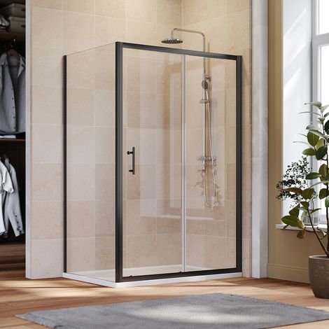 ELEGANT 1000x800mm Sliding Door Shower Enclosure with 800mm Side Panel, SMC Tray & Waste Trap (6mm, Black Aluminium Frame)