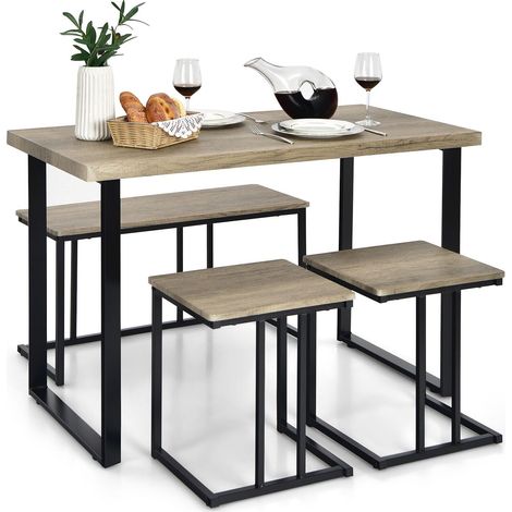 4PCS Industrial Dining Table & Chair Set Kitchen Furniture Table Bench 2 Stools
