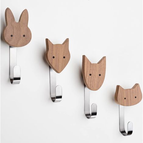 Patère en bois pour enfants en forme d'animal, patère, porte-manteau, chambre d'enfant, animaux, chien, chat, renard, lapin, décoration (noyer avec 4 crochets métalliques) (1/5)