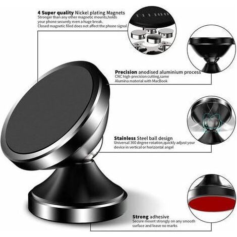 Supporto per telefono da auto, universale, girevole a 360°, portatile, magnetico e adesivo per smartphone, nero [confezione da 2] (1/3)