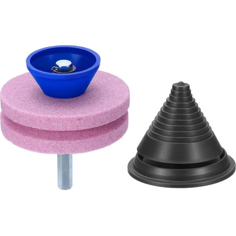 Afilador de cuchillas para cortacésped, 1 pieza de corindón de doble capa con equilibrador de cuchillas negro para taladro eléctrico, herramienta de jardín, rosa (1/5)