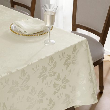 Nappe 140x240 cm Crème Jacquard Fleurs imperméable rectangulaire