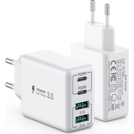 [2 pièces] Chargeur USB C 40W,Bloc Chargeur 4 Ports,Bloc de Charge Rapide Double Port PD+QC Connecteur Mural multiports de Type C,Compatible avec 15/14/13/12/11/Pro Max/XS/XR/8/Tablets (1/5)