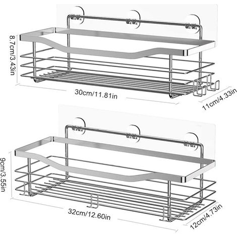 Lot de 2 organisateurs de douche adhésifs SteelHold avec 5 crochets, étagère murale en acier inoxydable, sans perçage, pour salle de bain et cuisine, gain de place
