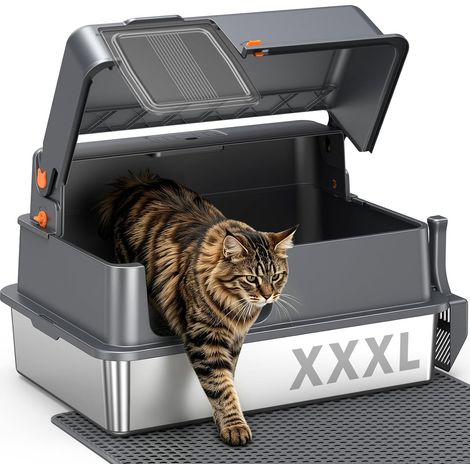 Stainless Steel Litter Tray XXXL Large Open Cat High Edges, Dark Grey (1/5)