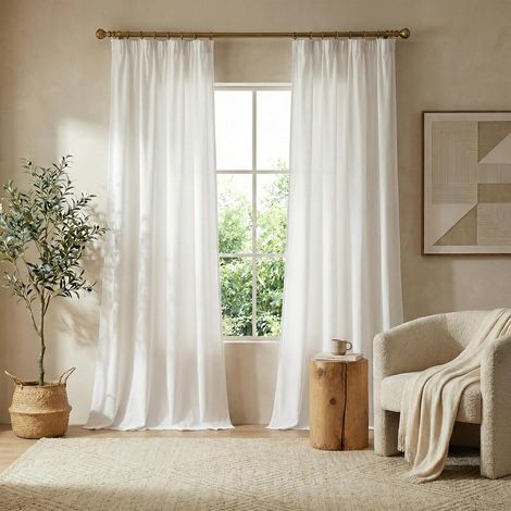 Rideau Voilage Galon Fronceur et Passe Tringle Protection Solaire Tissu Voile d'Intimité pour Decoration Fenetre Maison Cuisine, L 140 x H 200 cm, 2 Pieces, Blanc (1/5)