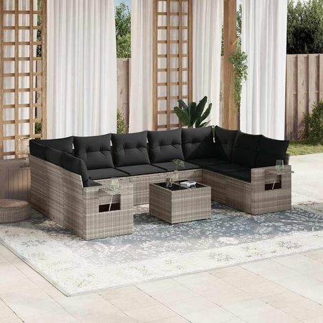 Set sofás jardín 10 pzas con cojines ratán sintético gris claro vidaXL (1/5)