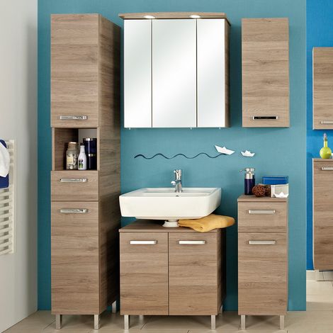 Badmöbel-Set 5-tlg. OSTENDE-66 in Sanremo Eiche, Spiegelschrank mit LED - B/H/T: 210/200/33cm (1/5)