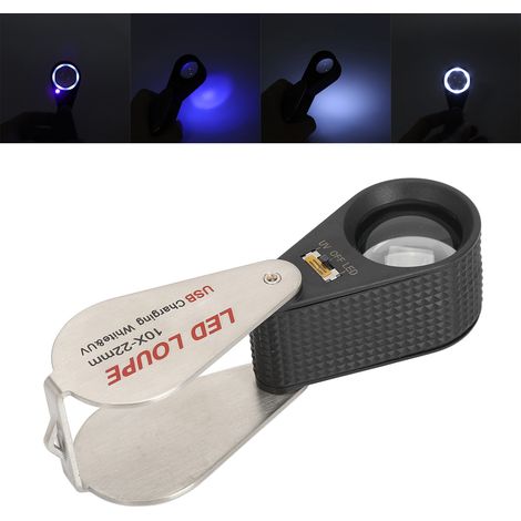 Wiederaufladbare, faltbare 10-fach vergrößernde Lupe mit 6 LED-Leuchten und 7 UV-Leuchten. (1/5)