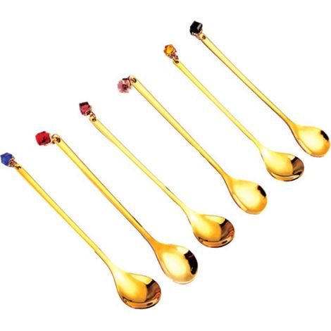 Lot de 6 Cuillères à Café Dorées en Métal avec Diamants Multicolores pour Dessert et Thé - PANGIVO