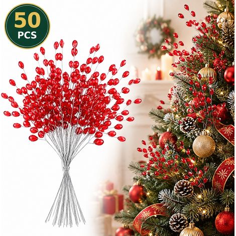 50 Branches Pailletées pour Sapin de Noël en Cristal avec Tiges Filaires pour Couronnes et Décoration de Table 50 Tiges par Paquet : Suffisamment (1/5)