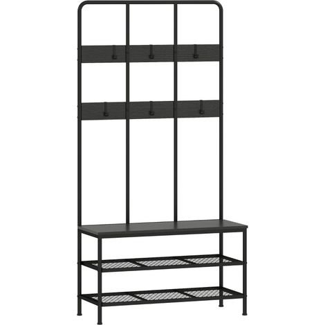 Porte-manteau 3-en-1 avec Banc et Meuble à Chaussures en Métal et Panneau de Particules Noir (1/5)