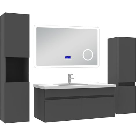 Acezanble Ensemble meuble salle de bain 100 cm anthracite, lavabo céramique + 2 colonnes hautes + Miroir Bluetooth avec 3 couleurs dimmable, suspendu