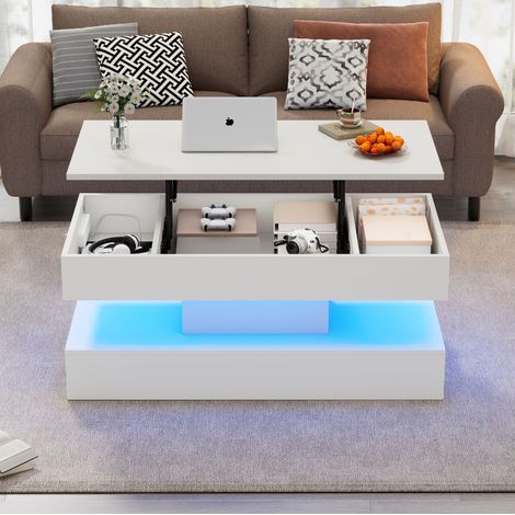 Table basse relevable 100x50x42 cm blanche en panneau de particules avec LED, rangement dissimulé et prises intégrées (1/5)