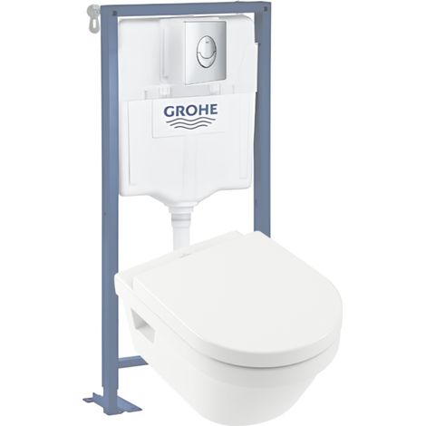 VILLEROY ET BOCH Architectura Inodoro suspendido sin reborde con descarga directa y asiento amortiguado + estructura de soporte GROHE Solido + placa cromada