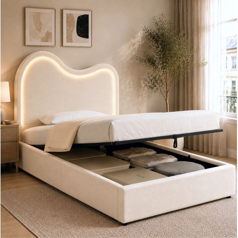 MODFU – Cama infantil 90x200 cm de terciopelo con arcón hidráulico y cabecero nube, LED multicolor y carga 150 kg – Beige (1/5)