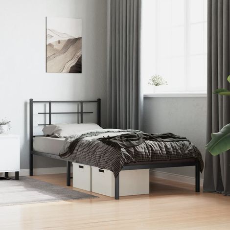 Cadre de lit métal sans matelas avec tête de lit noir 90x190 cm