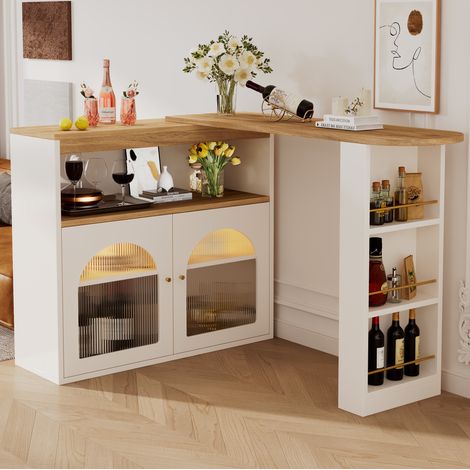 Tavolo bar 138-193x39x105 cm bianco in MDF e metallo girevole con contenitore e LED (1/5)