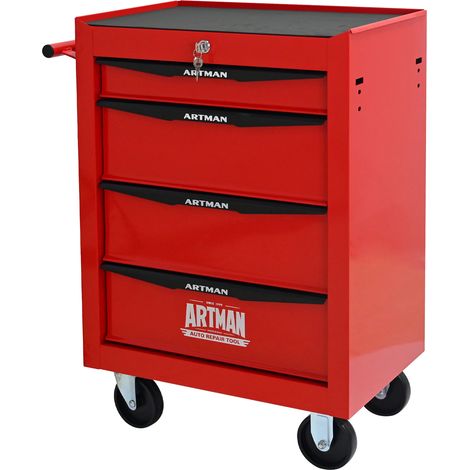 Coffre à outils roulant en métal avec 4 tiroirs, coffre de 20 pouces avec glissières à roulements à billes, boîte de rangement en acier, organiseur rouge et noir (Red&Black) (1/5)