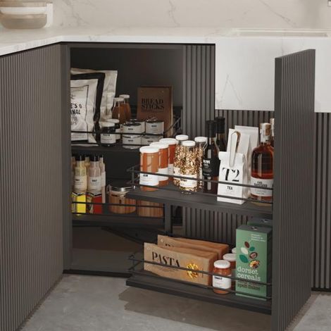 Emuca – Angle extractible pour meubles de cuisine – Ouverture à droite – Acier et bois gris anthracite – Optimise l'espace dans les cuisines modernes (1/5)