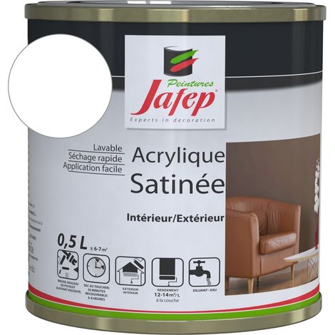 Peinture acrylique satinée blanc pro 0,5 L – Haute résistance – Lessivable – Pour intérieur et extérieur – Rendement 12-14m²/L – Jafep