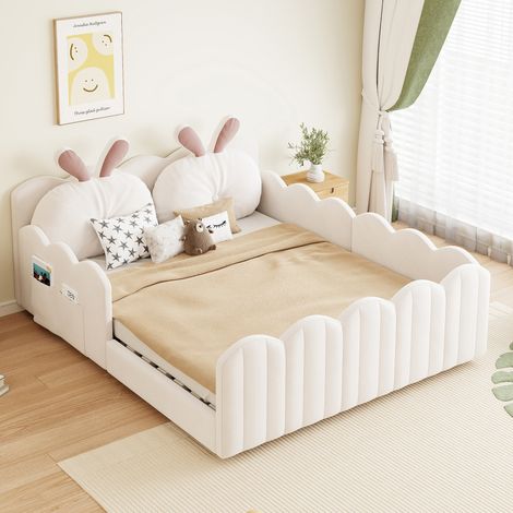 Etagenbett 140/200 cm beige con cojín de conejo y barandillas de seguridad (1/5)