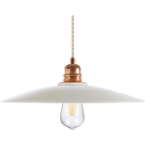 Lampada a sospensione Made in Italy completa di cavo tessile, paralume in ceramica Piatto e finiture in metallo  Senza lampadina - Bianco lucido - Matter ON/OFF