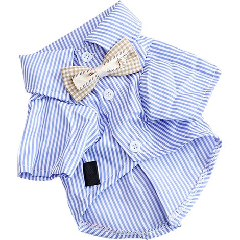 Chemise rayée pour chien, respirante et décontractée, à manches courtes, vêtements pour chiots avec nœud pour Teddy Poméranie, printemps automne, bleu M (1/5)