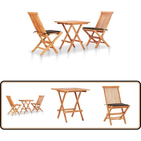 3-tlg. Bistroset mit Taupe Kissen Massivholz Teak - Holz-Bistroset - Gartenmöbel - Teakholz - Outdoor Furniture - Balkonmöbeln