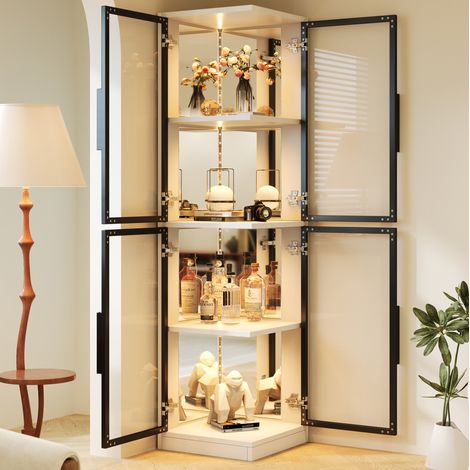 Vitrine blanche 44 × 42 × 164 cm, fond miroir et LED multicolores OKWISH (1/5)