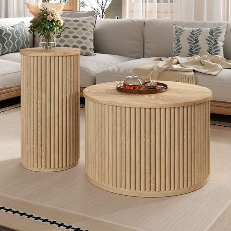 Lot de 2 tables basses rondes en bois naturel, design rainuré, table d’appoint multifonction pour salon (1/5)
