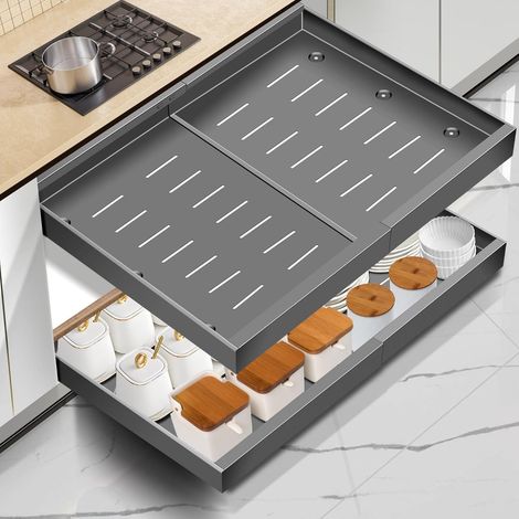 Organiseur de tiroir extensible en armoire , télescopique cuisine avec adhésif, organisateur rangement pour cuisine/salle bain (Gris titane, (Pack 2), Largeur 31-52 Gris Titane (2 pièces) largeur cm, (1/5)