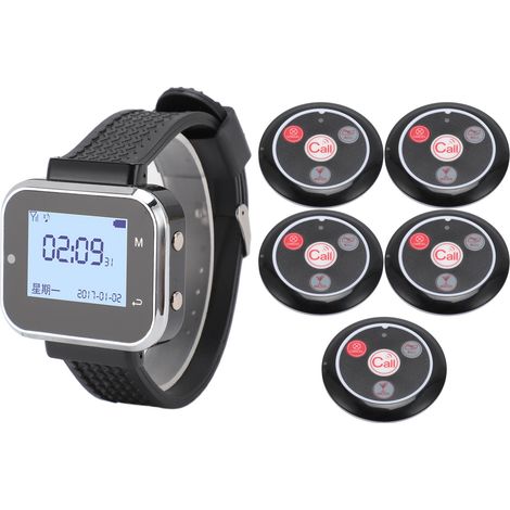 Système d'appel sans fil avec 1 récepteur montre rechargeable et 5 pagers pour restaurant, hôpital et bureau. Prise UE 100-240 V. (1/5)