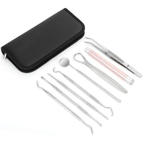 Kit de 8 pièces pour détartrage dentaire - Grattoir à tartre, sonde dentaire, miroir buccal et lampe torche (1/5)