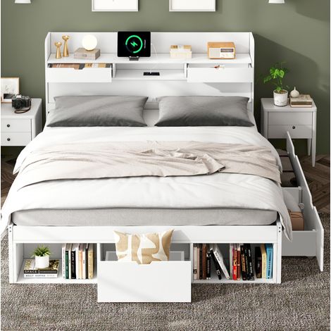 Lit 140x200 avec rangements, USB et tiroirs blanc HAVRYA (1/5)