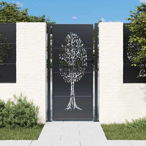 Portail de jardin anthracite 100 x 175 cm en acier, motif arbre