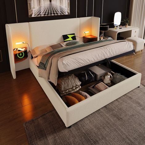 Letto matrimoniale imbottito 180 x 200, con luce di lettura e caricatore USB Type-C, beige, Lino (1/5)