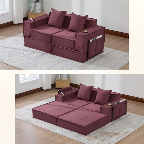 Seyakany Canapé convertible 2 places avec rangement latéral et porte-gobelets,2 coussins,canapé modulaire en Velours côtelé,canapé lit,Rouge bordeaux (1/5)