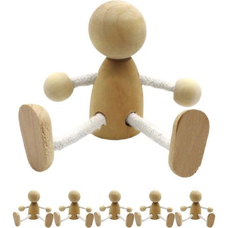 Lot de 6 poupées en bois à chevilles articulées (jambes et bras mobiles), mignonnes, décoratives pour bureau, vierges. (1/5)