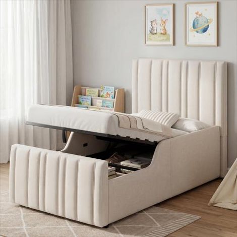 Lit enfant rembourré 90x200 cm avec coffre de rangement - avec tête de lit capitonnée - sommier à lattes - Lin - Beige (sans matelas)