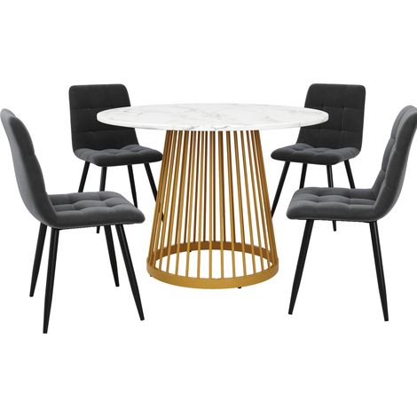 Set da pranzo 5 pezzi tavolo rotondo 80 cm in MDF con 4 sedie in velluto grigio scuro (1/5)